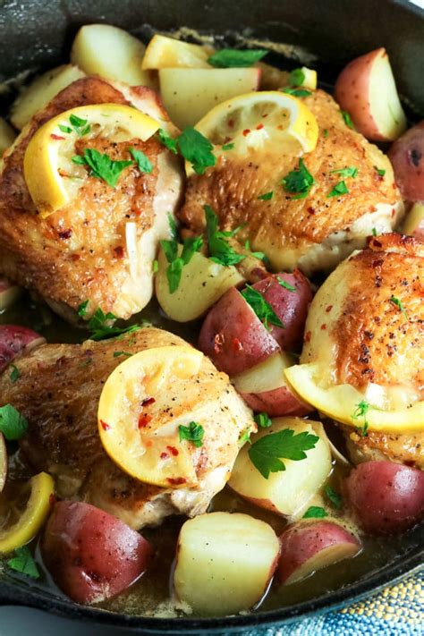 Easy Baked Lemon Chicken Thighs Potatoes One Skillet Meal