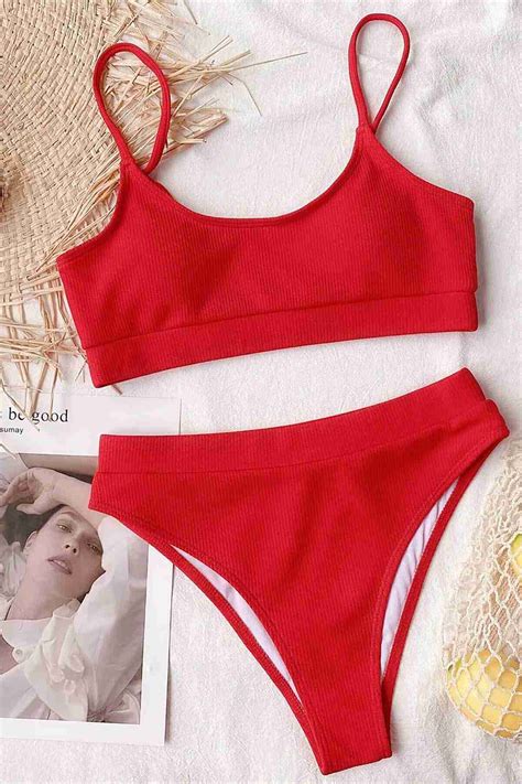 Angelsin Yüksek Bel Fitilli Kumaş Tankini Bikini Üstü Kırmızı Bikini