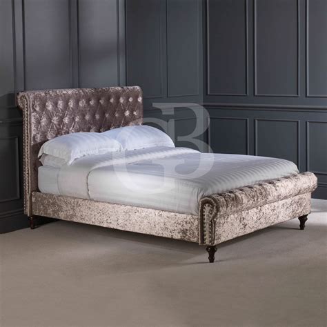 New Premium Mink Crushed Velvet Upholstered Chesterfield Bed King Size