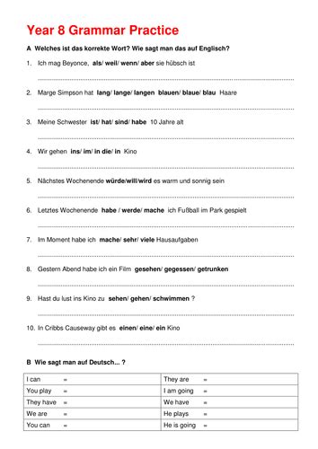 Year 8 German Grammar Practice Sheet | Teaching Resources