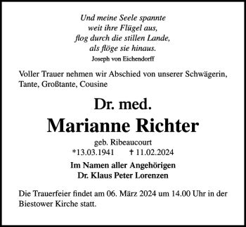 Traueranzeigen Von Marianne Richter Trauer Nordkurier