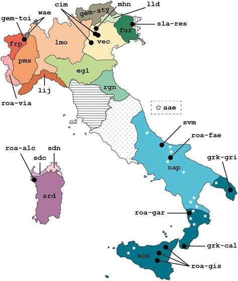 Map of Italy's endangered language varieties. Boundaries serve as a ...