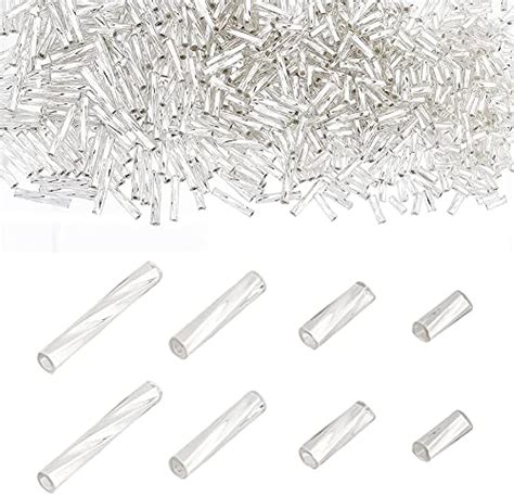 1600pcs 4 Sizes Glass Bugle Beads Silver Long Tube Seed Bead Loose