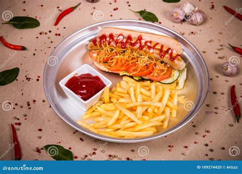 Hot Dog And Fried Potato Stock Photo Image Of Cuisine 109274420