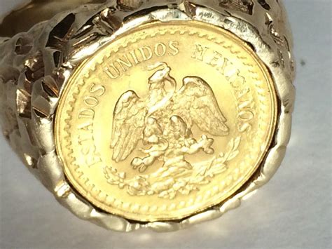 1945 Dos Pesos Coin Ring 22K Gold Coin - 14K Textured Yellow Gold Band ...