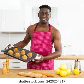 Cheerful Naked Man Red Apron Holding Stock Photo Shutterstock