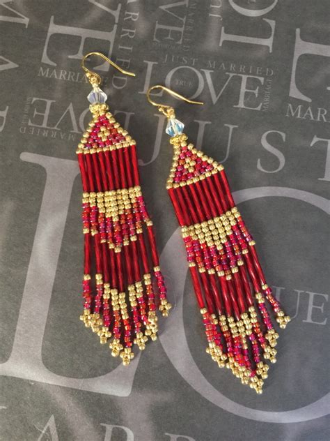 Handmade Bright Red And Gold Beaded Earrings Long Fringe Etsy