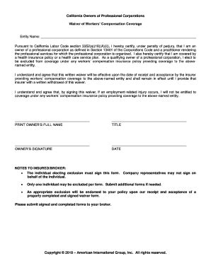 CA Workers Compensation Officer Waiver Form AmTrust Financial Fill