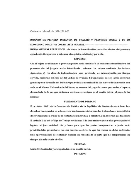 Memorial Subsanando Previo Demanda Laboral Guatemala Pdf Guatemala Demanda Judicial