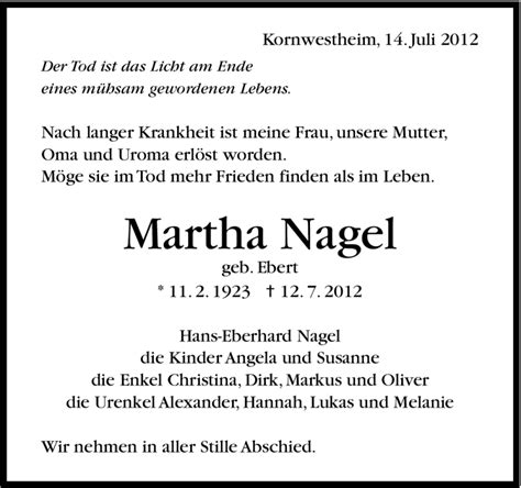 Traueranzeigen Von Martha Nagel Stuttgart Gedenkt De