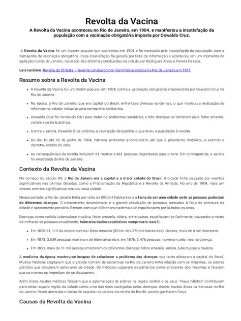 Resumo Revolta Das Vacinas - Revolta Da Vacina_ Resumo, Causas, Consequências - Brasil Escola | PDF ...