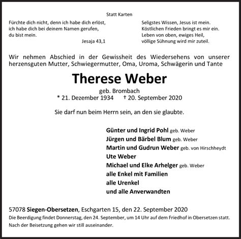 Traueranzeigen Von Therese Weber Trauer De