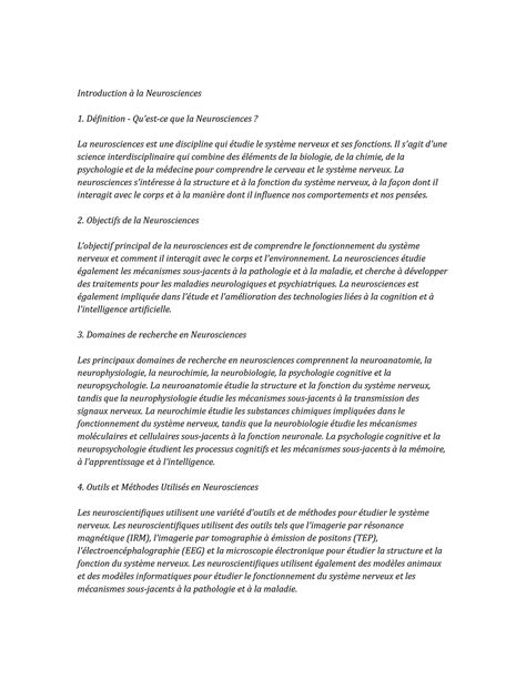 Neuroscience Study Notes Introduction à la Neurosciences Définition