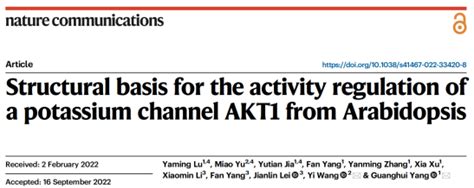中国农业大学生物学院 科研进展 Nat Commun｜杨光辉课题组王毅课题组合作揭示拟南芥钾离子通道akt1活性调节的结构基础