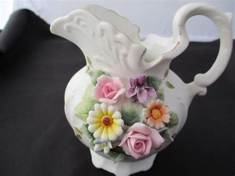 Vintage Creamer Hand Painted Lefton 3 D Flowers Gold Rim Etsy Hand