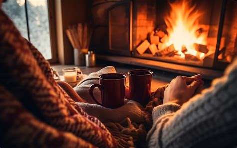 Premium Photo | Young happy couple hugging by the fireplace during the ...