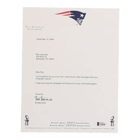 Bill Belichick Signed Letter Beckett Pristine Auction