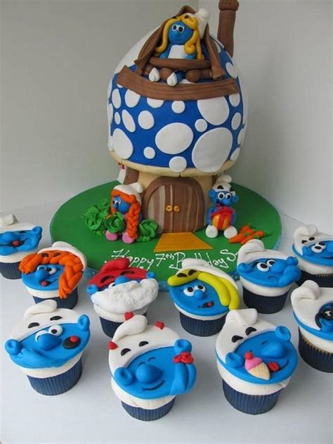 Smurf mushroom cottage home cake & matching cupcakes - - CakesDecor