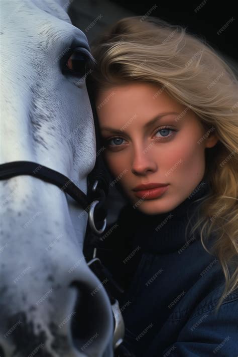 Loiro mulher olhos azuis inclinado cavalo branco moda rosto humano
