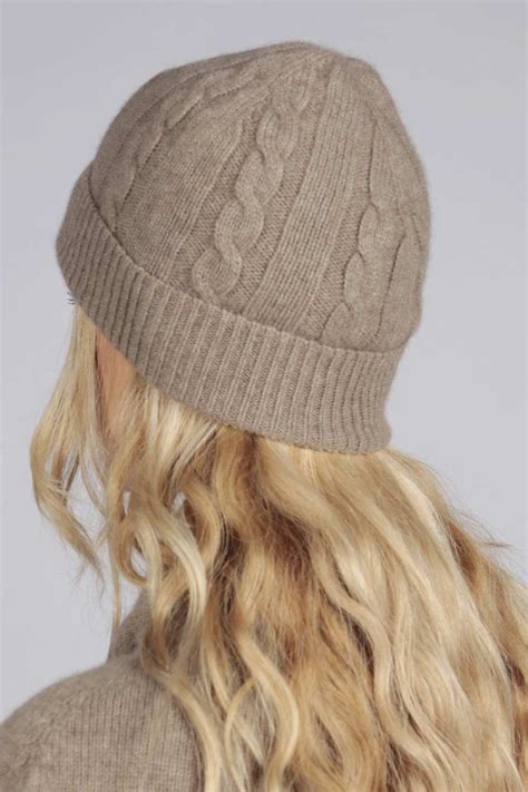 Camel Brown Beige Pure Cashmere Beanie Hat Cable And Rib Knit Italy