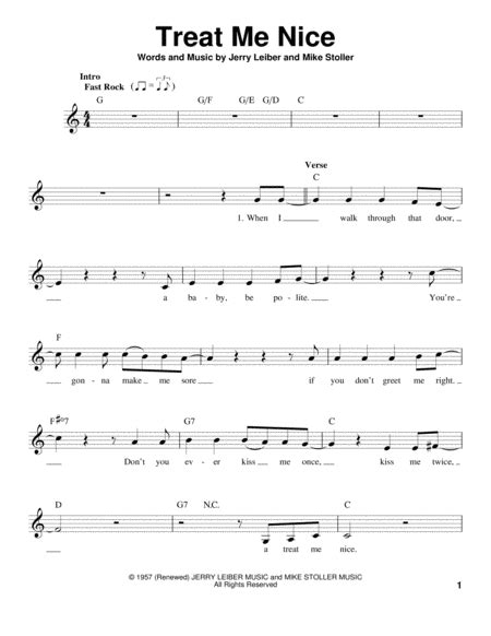 Treat Me Nice By Elvis Presley Voice Digital Sheet Music Sheet