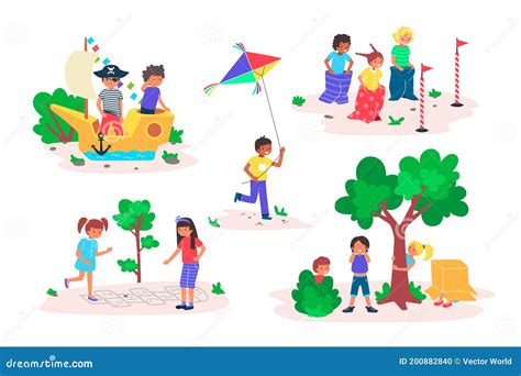 Niños Jugar Juegos Al Aire Libre Vectorial Ilustración Set Dibujos