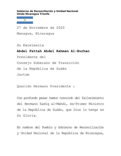 Mensaje Del Gobierno De Nicaragua Al Presidente Del Consejo Soberano De