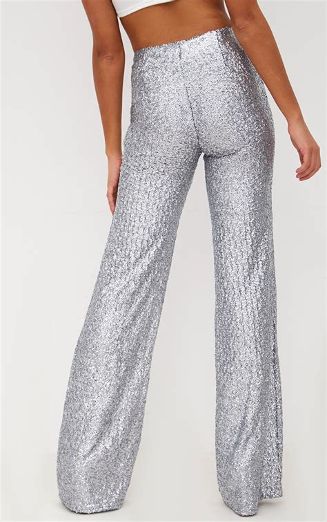 Silver Sequin Wide Leg Pants Prettylittlething Usa