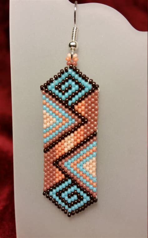 Native American earrings peyote stitch rose blue and brown | Etsy