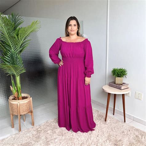 Vestido Plus Size Manga Longa Isis FúcsiaModa Plus Size