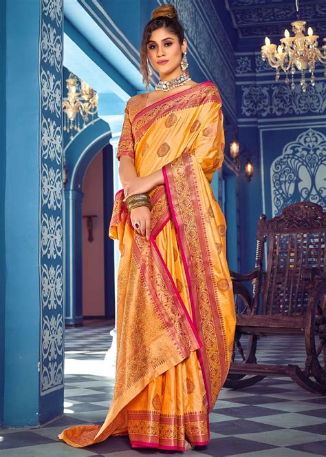 Rajah Yellow Woven Banarasi Silk Saree Mysilklove