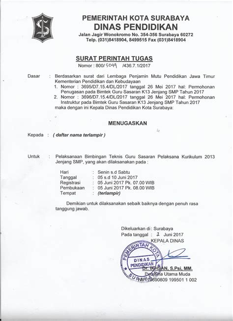 Surat Tugas Instruktur Bimbingan Teknis Guru Sasaran Pelaksana