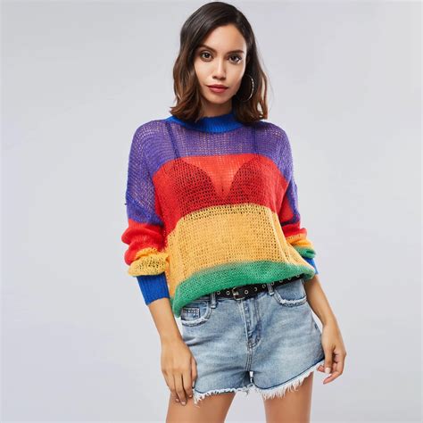 Clocolor Rainbow Sweater Women Harajuku Casual Loose Pullover Jumper