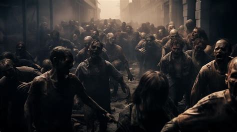 Premium AI Image Large Crowd Of Horrible Dead Zombies Chasing Running