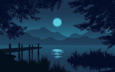 Night Scene with Moon Rising over Lake and Mountains