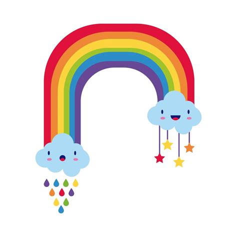 Cute Rainbow With Clouds Kawaii Characters And Raindrops Flat Style