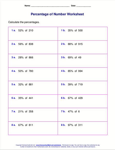 Free Printable Percentage Of Number Worksheets Basic Math Worksheets