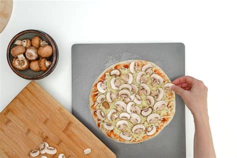 Topping Pizza Dough Mushroom Slices Close Up View Flat Lay Woman