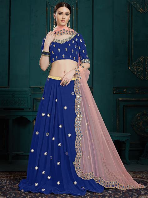 Royal Blue Georgette Embellished Mirror Work On Lehenga And Choli With