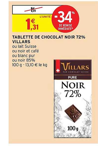 Promo Tablette De Chocolat Noir 72 Villars chez Intermarché Hyper