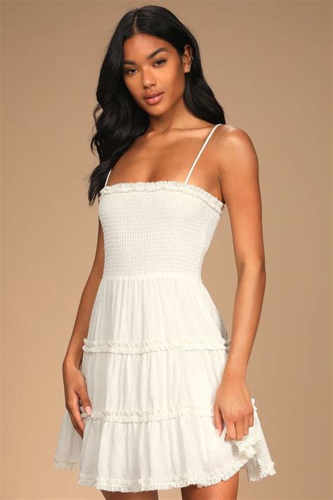 White Mini Dress Smocked Skater Dress Tiered Lace Dress Lulus