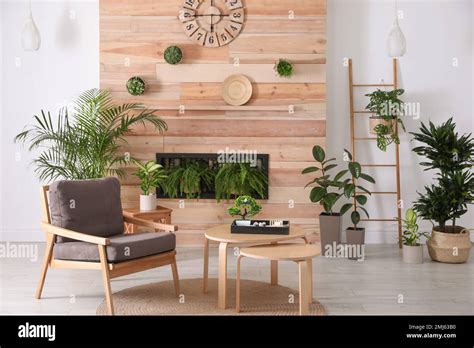 Stylish living room interior with armchair, green plants and miniature ...