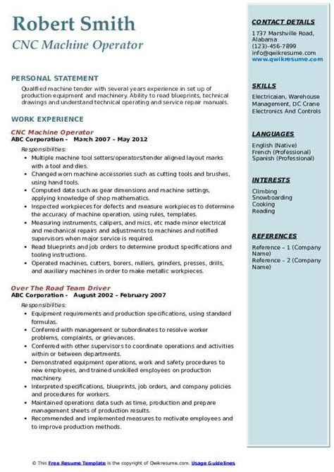 Cnc Machine Operator Resume Samples Qwikresume