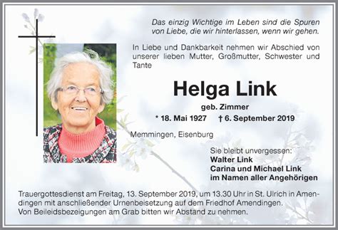 Traueranzeigen von Helga Link Allgäuer Zeitung