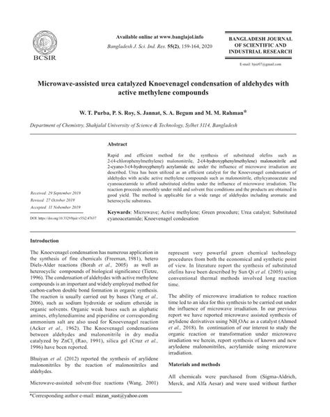 Microwave Assisted Urea Catalyzed Knoevenagel Condensation Of Aldehydes