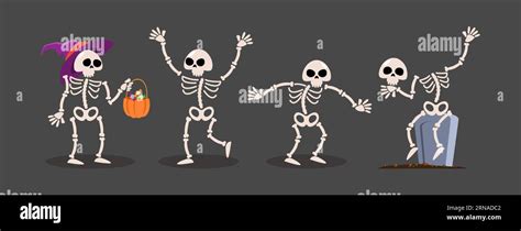 Set Of Skeleton Ghost Halloween Cartoon Characters Gray Isolate Background Vector Stock