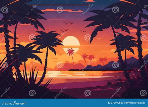 Synthwave Neon Landscape With Palm Trees And Sunset Retro Style Background Stock Illustration