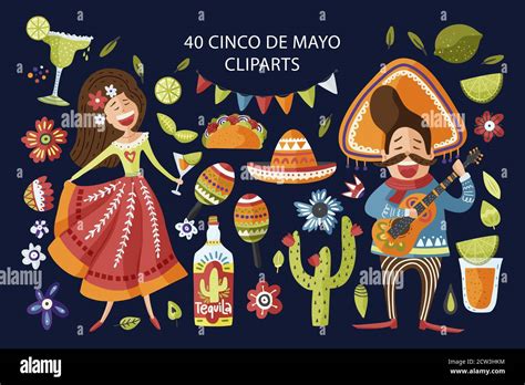 Cinco de Mayo vector colorful clipart set. Holiday Mexican icon collection with cartoon happy ...