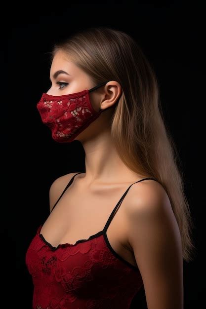 Premium Ai Image A Woman Wearing A Red Lace Face Mask On A Black