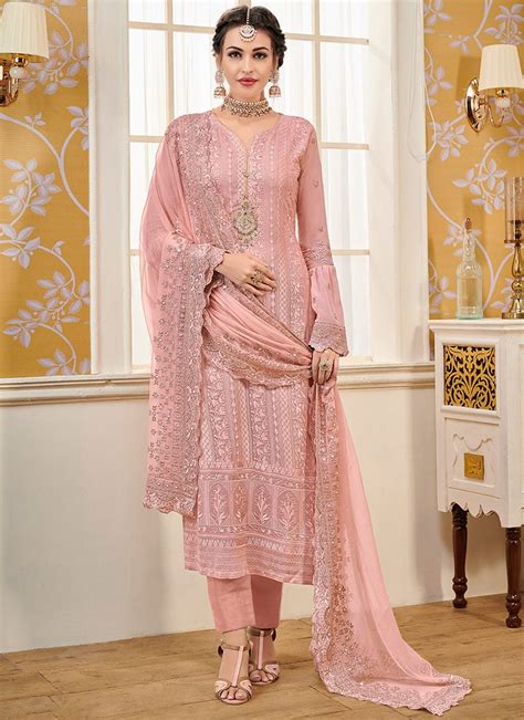 Shop Pink Georgette Straight Pant Suit Party Wear Online At Best Price